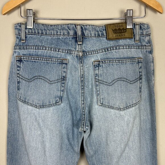 Todd Oldham Jeans 7x33 Blue Flare Leg Bell Bottom Mid Rise Denim 90s Y2K Hippie - Picture 5 of 15